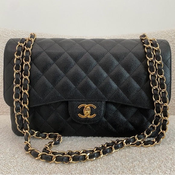 CHANEL Handbags - CHANEL Black Quilted Caviar Leather Double Flap Shoulder Bag with Gold Hardware